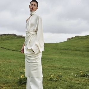 Solace London RARE Sorina Dress Ivory Satin One Sleeve Midi Dress Size 10